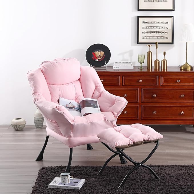 Welnow Pink Lazy Chair with Ottoman Modern Reading Accent Chair with Armrests and a Side Pocket Leisure Upholstered Lazy Sofa Set with Footrest for Small Space