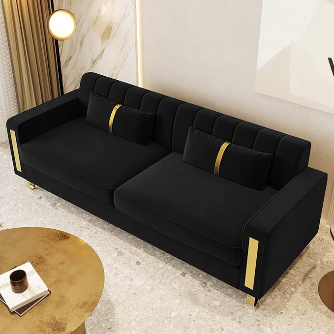 85.63 Modern Black Velvet Sofa with Gold Metal Legs Large Upholstered Comfy 3 Seater Couches for Living Room Bedroom Office (Black)