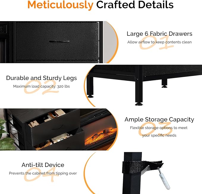 VINGLI Fireplace TV Stand Dresser with Fabric Drawer Entertainment Center with LED Lights and Industrial TV Console Table with Open Storage Shelves for Living Room Bedroom Black
