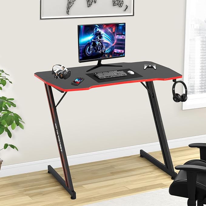 Gaming Desk 35 Inch Z-Shaped Gaming Computer Desk Modern Ergonomic PC Computer Table Home Office Desk Racing Style Gaming Workstation with Headphone Hook Red
