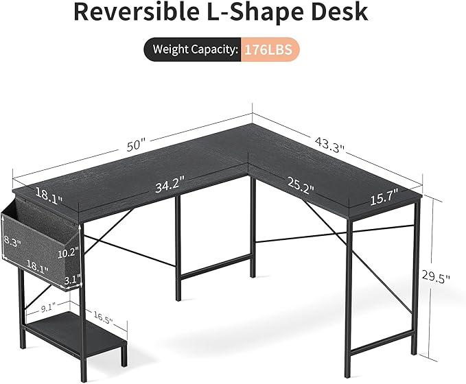 L Shaped Desk - 50 Reversible Home Office Computer Desk Wood Top Metal Frame Side Bag Sturdy Gaming Desk Corner Table for Work Writing and Study Space-Saving