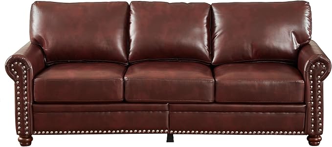 Harper &amp Bright Designs 3-Seat Sofa Couch Faux Leather Upholstered Couch with Storage Space Wood Legs Nails Decoration Modern Sofa Couch for Living Room Bedroom (Burgundy)