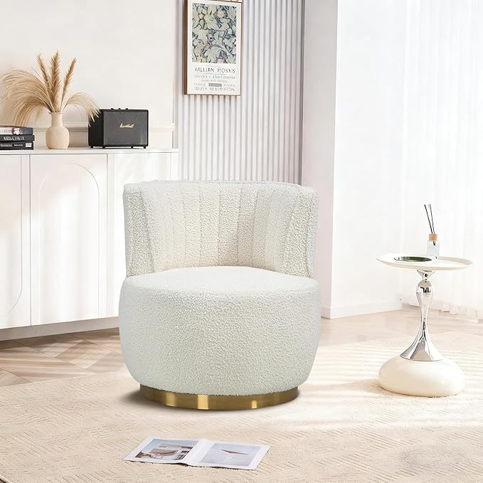 360 Degree Swivel Accent Chair Comfy Round Swivel Barrel Chair with Mental Base Upholstered Cozy Reading Armchairs Modern Lounge Sofa Chairs for Living Room Bedroom Club Office(Teddy Cream)