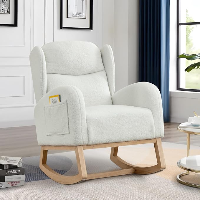 Rocking Glider Chair for Nursery Wingback Teddy Accent Rocker Chair Upholstered Tall Back Arm Chair w/Side Pockets Modern Leisure Single Sofa for Living Room Hotel Bedroom Baby Room Ivory
