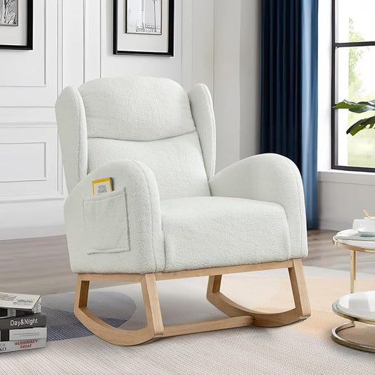 Rocking Glider Chair for Nursery Wingback Teddy Accent Rocker Chair Upholstered Tall Back Arm Chair w/Side Pockets Modern Leisure Single Sofa for Living Room Hotel Bedroom Baby Room Ivory