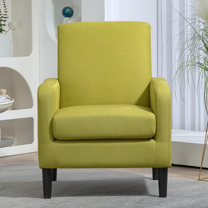 Minimalist Upholstered Armchair with Ergonomic Design Padded Seat &amp Curved Armrest Decorative Comfy Accent Chair Ideal for Living Room Bedroom Office Yellow Green