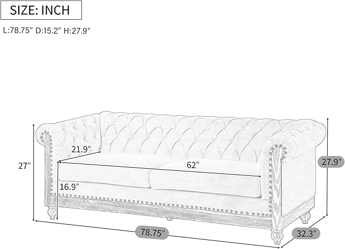 78.75''Chesterfield Sofa Couch Mid Century Modern Tufted Sofa with Rolled Arms and Nailhead 3-Seat PU Upholstered Couches with Solid Wood Legs for Living Room Office Black