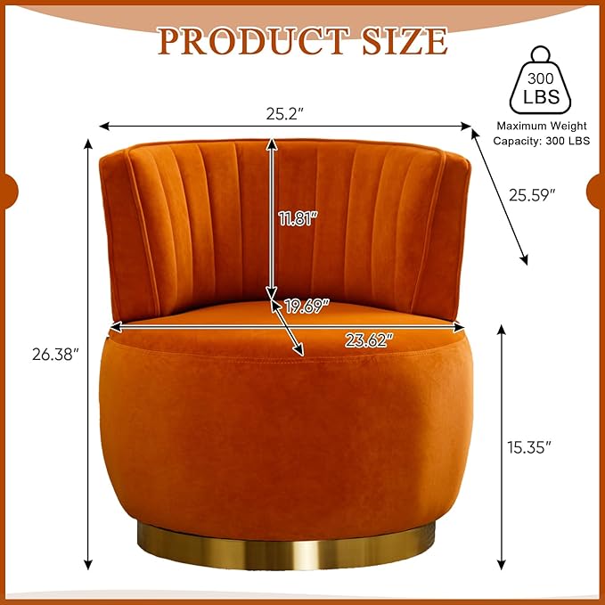 Velvet Swivel Barrel Chair Modern Upholstered Accent Chair 360° Swivel Round Lounge Chair with Gold Metal Base Comfy Arm Chair Sherpa Chair for Nursery Living Room Bedroom Club Office Orange