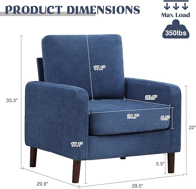 Accent Chair for Living Room Modern Reading Chair for Bedroom Upholstered Armchair with Wood Legs and Side Pockets Single Sofa Side Chair for Office Small Room Apartment Blue Black