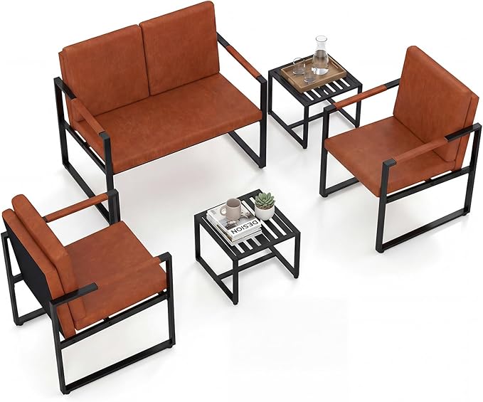 KOMFOTT 5 Pieces Living Room Sofa Set Faux Leather Living Room Furniture Set Includes Loveseat Sofa 2 Accent Chairs &amp 2 Coffee Tables with Heavy-Duty Metal Frame Modern Industrial Couch Set Br