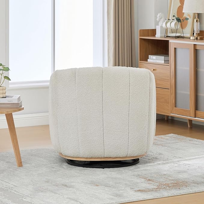 32 W Swivel Barrel Chair Boucle Chenille Accent Chair Upholstered Tufted Club Armchair Single Sofa Chairs with Metal Base for Living Room Family Room Bedroom Lounge Area Office (Ivory)