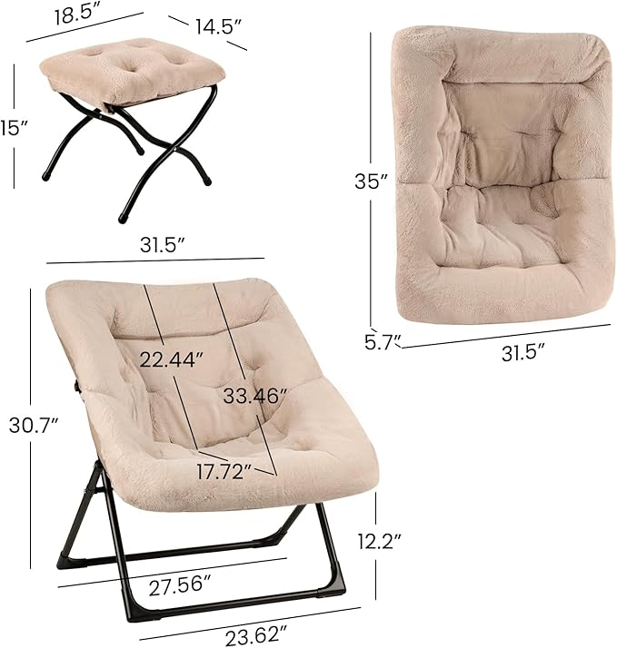 Comfy Saucer Chair for Adults Soft Faux Fur Bedroom Chair with Ottoman Accent Dorm Chairs Living Room Reading Chairs and Footstool Folding Seat for Teens X-Large Light Khaki