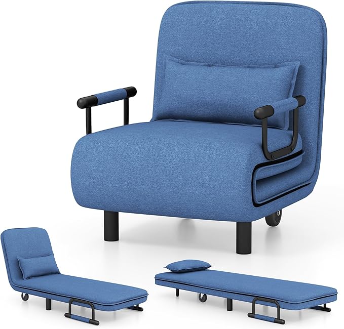 Giantex Convertible Sofa Bed 3-in-1 Folding Sleeper Chair with 5-Position Adjustable Backrest Wheels 2 Legs Recliner Chaise Lounge with Pillow Armchairs for Nursery Living Room Office (Blue)