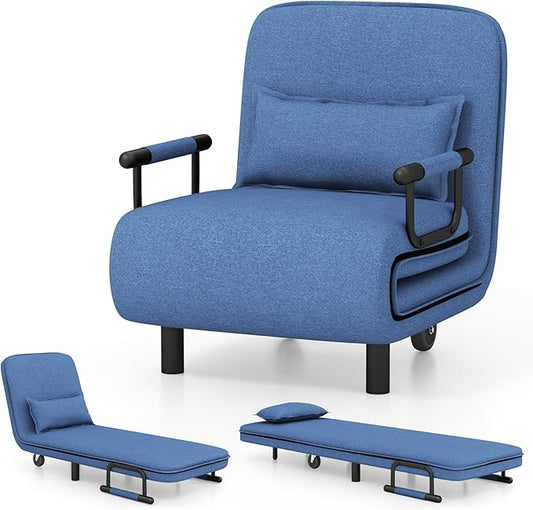 Giantex Convertible Sofa Bed 3-in-1 Folding Sleeper Chair with 5-Position Adjustable Backrest Wheels 2 Legs Recliner Chaise Lounge with Pillow Armchairs for Nursery Living Room Office (Blue)