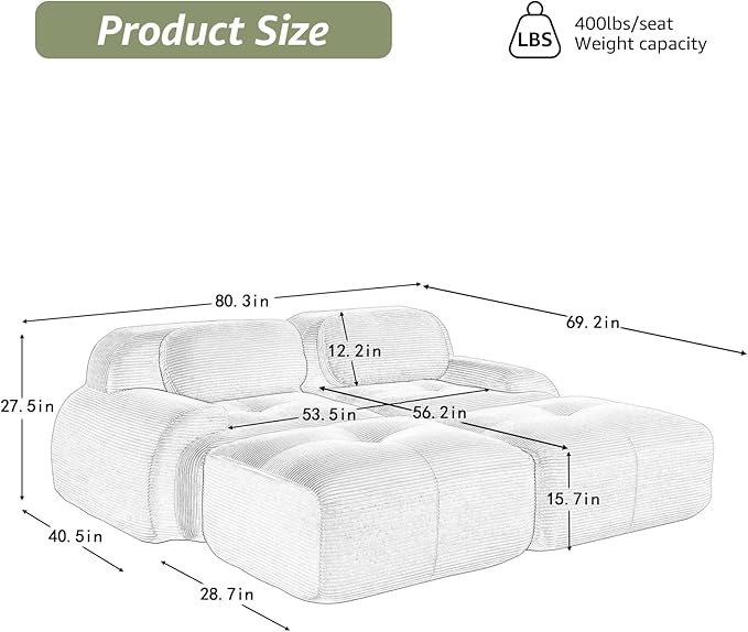 80 Modern Love Seat Boneless Couches for Living Room Corduroy Cloud Couch Sectional Green Modular Sectional Sofa Loveseat Sofa with 2 Ottoman Sofas para Sala Deep Seat Couch (Green 2+2 Set)