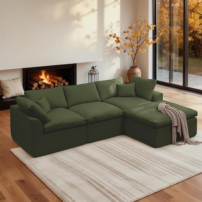 112 Cloud Sectional Couches for Living Room Modern Modular Sectional Sofa with Ottoman Boneless Cloud Couch with Comfy Deep Seats Fluffy Chenille L-Shape Sofa Couch for Living Room Green