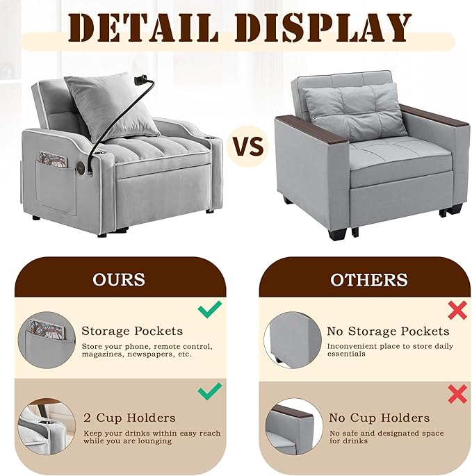 KINFFICT Sleeper Sofa Chair Bed Convertible 3-in-1 Armchair Adjustable Sleeper Chair with Pullout Bed Single Lounger Futon with Side Pockets for Living Room (Grey)