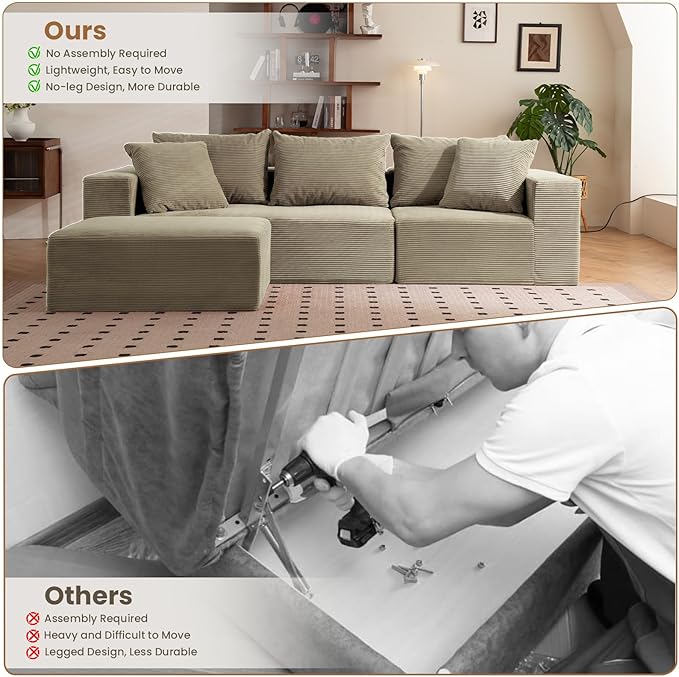 108 L-Shaped Boneless Couch Modular Sectional Sofa with Moveable Ottoman Corduroy Cloud Couches for Living Room No Assembly Ship in a Box Camel