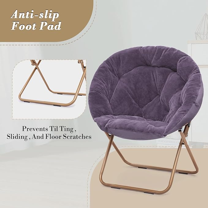 Athena Collection Round Saucer Chair with Ottoman Set for Adults Oversize Comfy Cozy Faux Fur Folding Reading Chair with Metal Leg Lazy Relaxing for Living Room Bedroom Dorm Apartment Purple