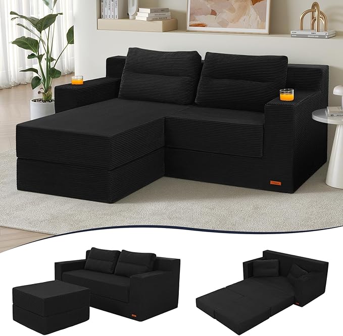 COMAX Futon Sofa Bed Boneless Loveseat Couch in A Box 67 L-Shaped Convertible Sofa Bed Corduroy for Living Room Fold Out Small Foldable Loveseat Foam with Movable Ottoman Floor Sleeper Black