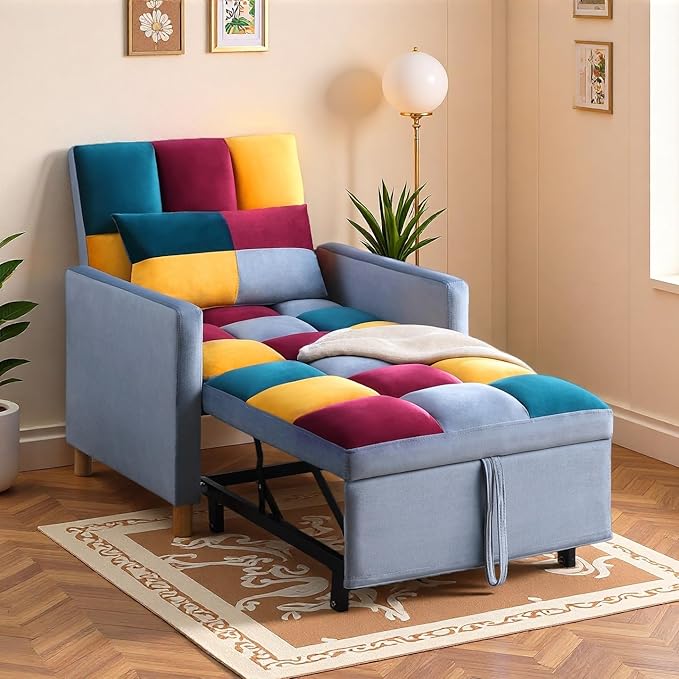 3-in-1 Convertible Sleeper Chair Sleeper Sofa Bed with Adjustable Backrest Lazy Sofa Bed with Pillow Recliner Chair with Sturdy Wood Frame for Living Room Apartment Dorm Rainbow