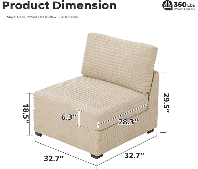 ovios 32.7 inches Middle Seat Module for Modular Sectional Sofa Couch Loveseat Customizable DIY Combination L U V Shaped Plush Corduroy Sofas Couches for Living Room Beige