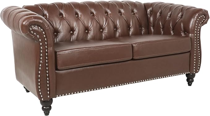LEVNARY Leather Sofa Chesterfield Tufted Upholstered 2 Seater Couch Modern Loveseat Couch Classic Furniture for Living Room Bedroom (Dark Brown)
