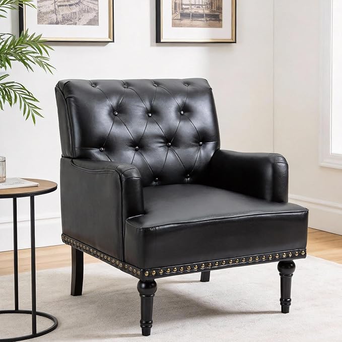 MOJAY Faux Leather Accent Chair Mid-Century Armchair Living Room Sofa Chair with Rubber Wood Leg Club Chair with Rivet Trim for Bedroom Reading Room Reception (Black)