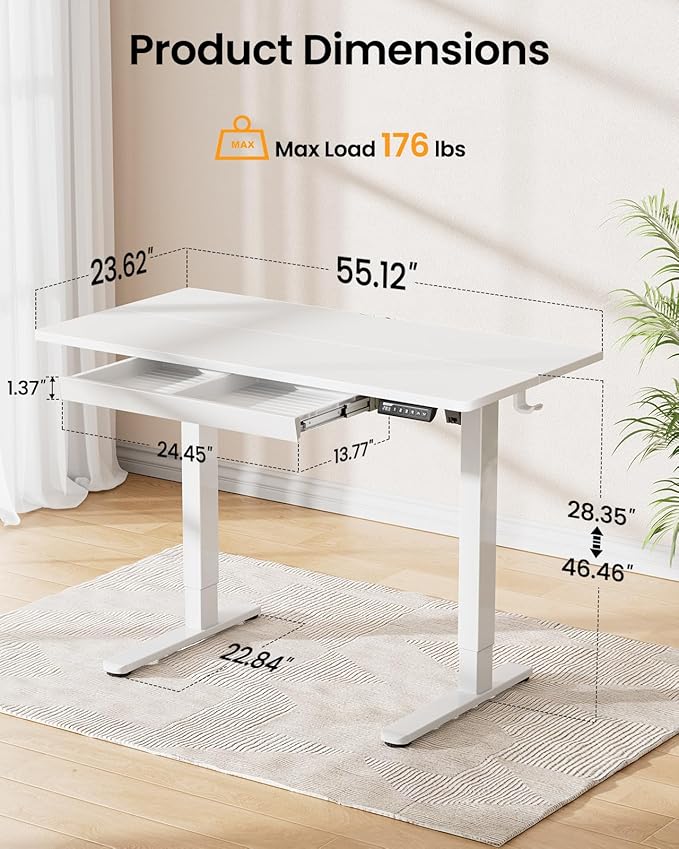 ErGear 55 x 24 Electric Standing Desk with Drawers Height Adjustable Desk with 4 Preset Heights Ergonomic Rising Home Office Computer Table with Splice Board White