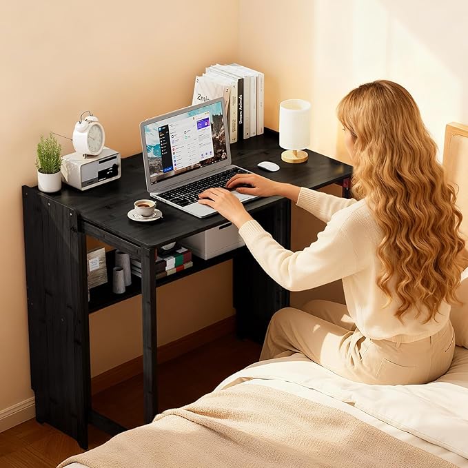 Bamboo Foldable Desk Folding Desks for Small Spaces Mid Century Small Computer Desk with Bookshelf for Bedroom Home Office Black