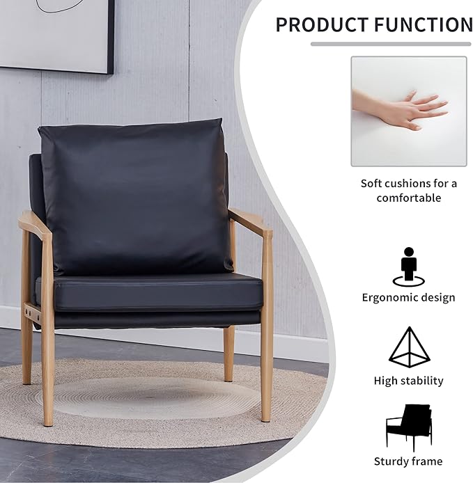 Sofa Chair.Black PU Leather Accent Arm Chair Mid Century Modern Upholstered Armchair with Imitation Solid Wood Color Metal Frame Padded Backrest and Seat Cushion Sofa Chairs for Living Room