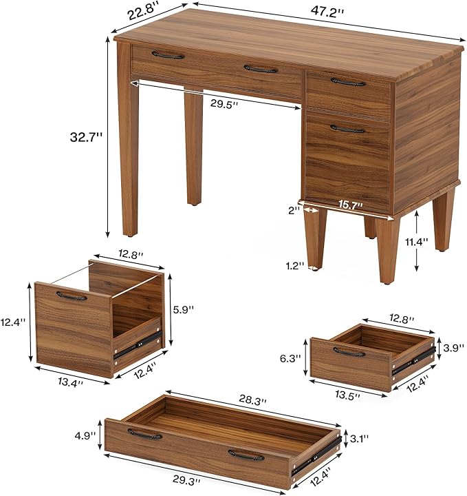 Tribesigns 47 Wood Computer Desk with 3 Drawers Farmhouse Small Office Desk with File Drawers Writing Table with Storage for Home Office Bedroom Study Room Brown