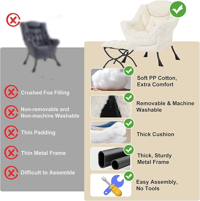 Lazy Chair with Ottoman Modern Accent Chair with Armrests and a Side Pocket Plush Beige Accent Chairs Reading Chairs Oversized Armchairs for Bedroom Study Living Room Courtyard