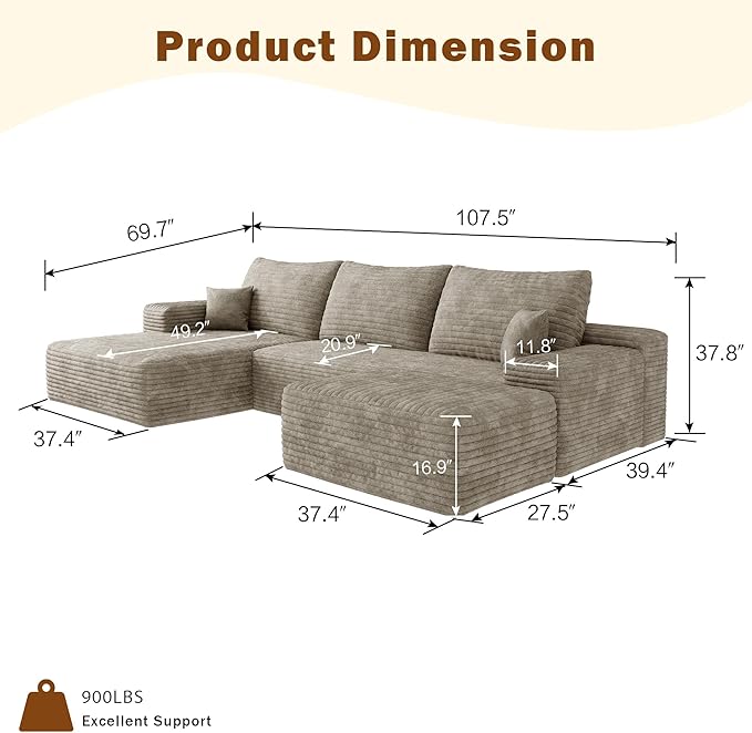 Oversized Corduroy Sectional Boneless Couch 108 W U Shaped Modular Sectional Sofa with Chaise/Ottoman No Assembly Required Compress Couches for Living Room (Camel 3 seater+Ottoman+Left Chaise)