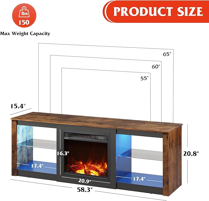 WLIVE Fireplace TV Stand for 65 Inch TV 58 Entertainment Center with Fireplace Modern TV Stands for Living Room Entertainment Center with Glass Shelves Rustic Brown