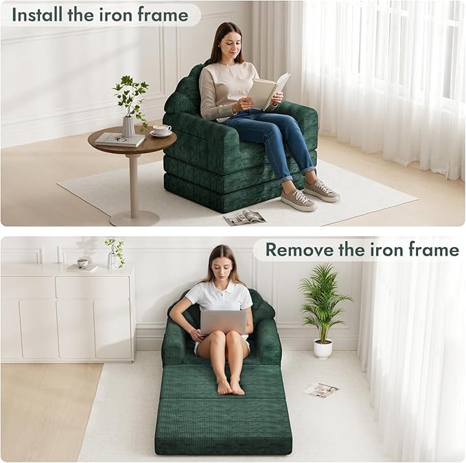 2-in-1 Folding Sofa Bed with Back Support 75 D x 34 W Convertible Futon Sleeper Chair for Adult Fold Out Bean Bag Floor Foam Lounger Couch for Living Room Bedroom Small Space Olive Green
