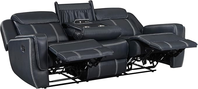 Lexicon Modern Double Recliner Sofa Faux Leather Reclining Sofa with Center Drop-Down Cup Holders Storage Pouch Receptacles USB Ports Manual Recliner Couch for Living Room/Office/Apartment Blue