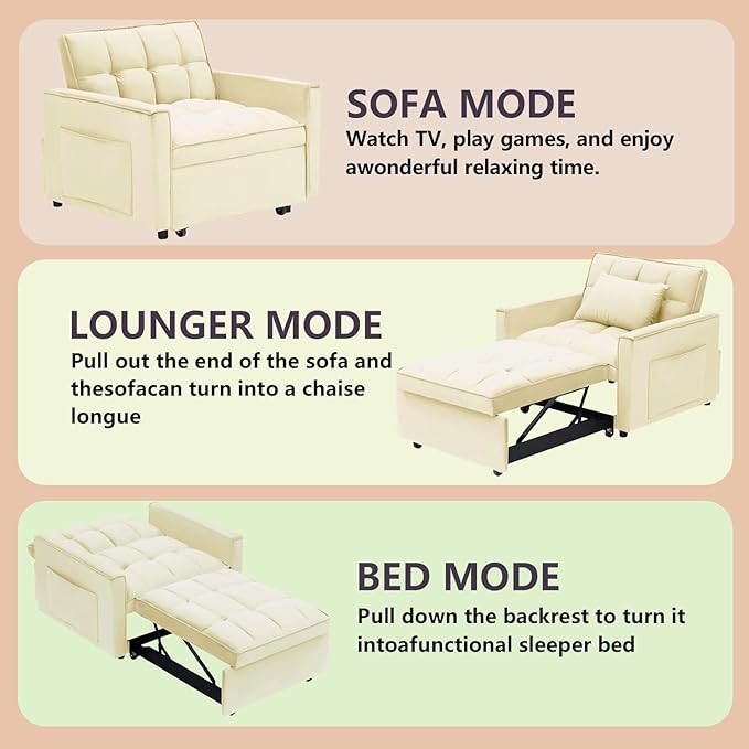 3 in 1 Convertible Sleeper Chair Modern Pull Out Couch Bed Single Recliner with Adjustable Back Velvet Futon Folding Sofa Bed Chair for Living Room Bedroom Small Spaces (Creamy White)