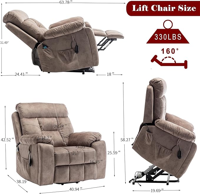 Power Lift Recliner Chair with Massage and Heating FunctionsVelvet Sofa with 2 Remote Controls and Two Cup HoldersRecline up to 160 DegreesSuitable for Living Room