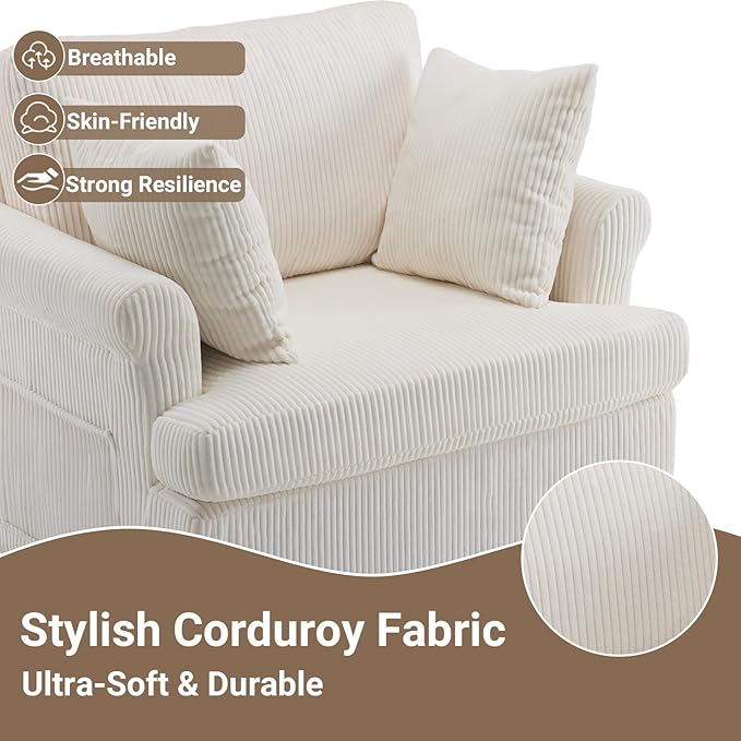 Karl home 39 Swivel Accent ChairOversized Seat Armchair W/2 Pillows and 4 PocketsModern Upholstered Corduroy Barrel ChairsComfy Single Sofa for Living RoomReadingBedroom and Office-Beige