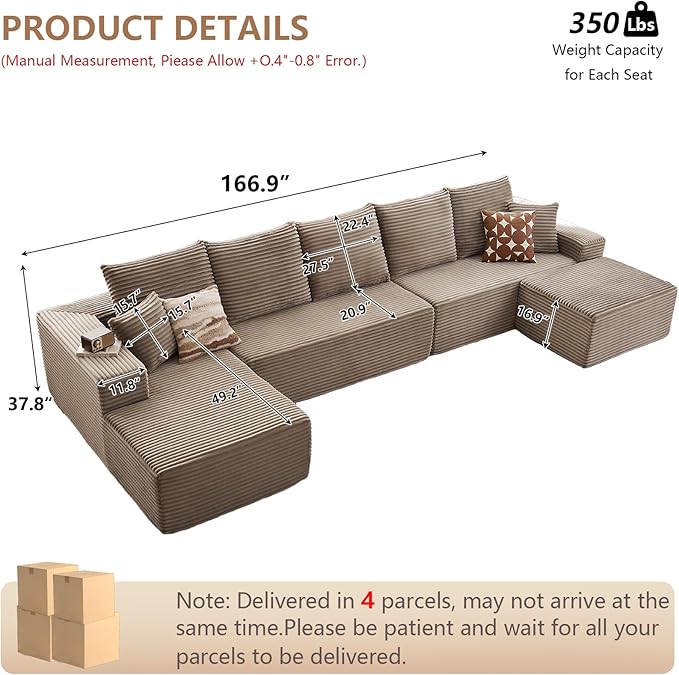 Cloud Modular Sectional Sofa for Living Room167x69.7 Oversized U-Shaped Couch with 7 PillowsBig Comfy Couches SetFluffy Corduroy Sofa with Ottoman &amp ChaiseNo Assembly(CamelLeft-Facing Chaise)