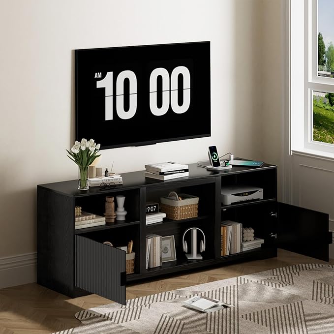 Fluted TV Stand for Tvs up to 80Mid Century Modern TV Stand with Open Adjustable ShelfEntertainment Center Wood TV Media Console with Cord Holes for Living Room Furniture BedroomBlack