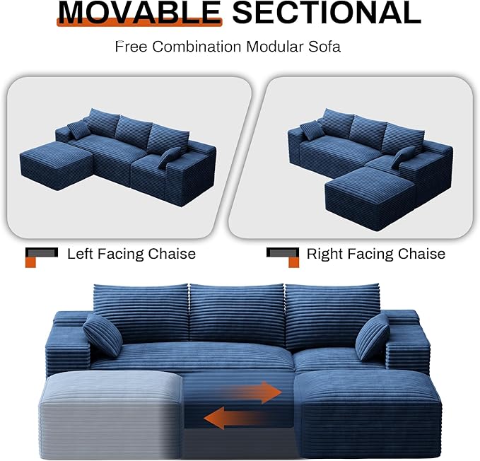 108 Boneless Couches for Living Room Comfy L Shaped Sectional Couches Modern Deep Seat Modular Sofa Cloud Fluffy Corduroy Couch with Movable Ottoman No Assembly Needed Blue
