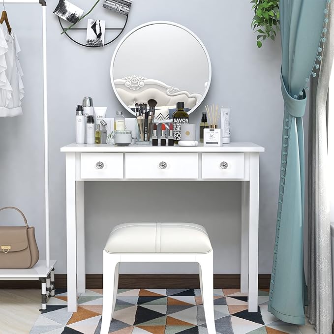 STHOUYN Home Office Small Writing Desk with Drawers Bedroom Study Table for Adults/Student Vanity Makeup Dressing Table Save Space Gifts White (White)