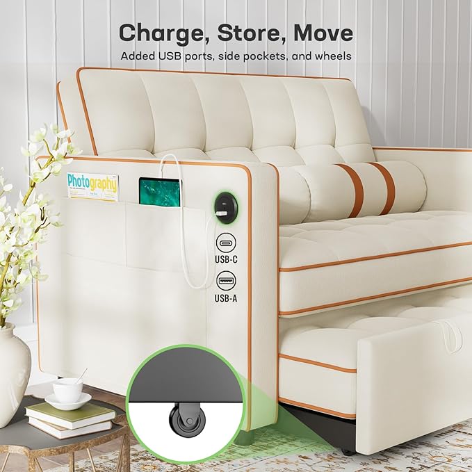 Marsail 3-in-1 Convertible Futon Sleeper Sofa Bed Pull Out Couch with Adjustable Backrest USB Charging &amp Side Pockets Velvet Fabric Sofa Loveseat for Living Room Apartment Ivory White