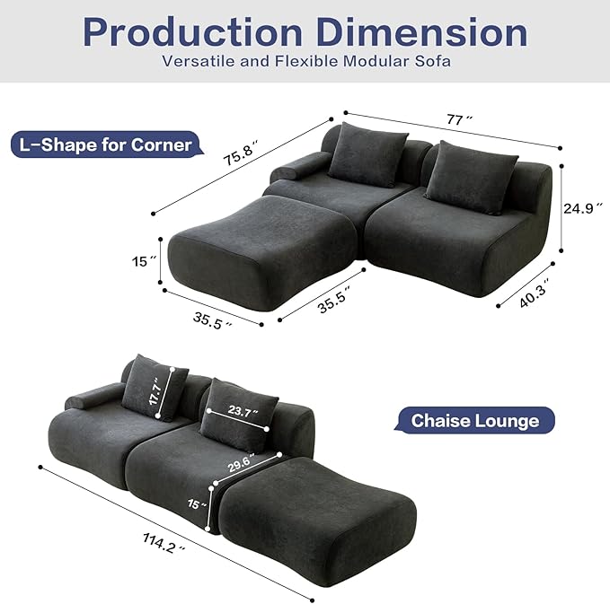 Cloud Couch Sectional114-Boneless Couch in a BoxUpholstered Couches for Living Room Bedroom with L-Shape ChaiseModern Comfy Sofa-Cool Gray CouchesNo Assembly RequiredLow -Profile Sofa