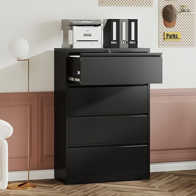 4 Drawer Small File Cabinet with Lock - Heavy-Duty Metal Filing Cabinet for Home Office Under Desk Locking Drawers Storage Cabinet OrganizerBlack