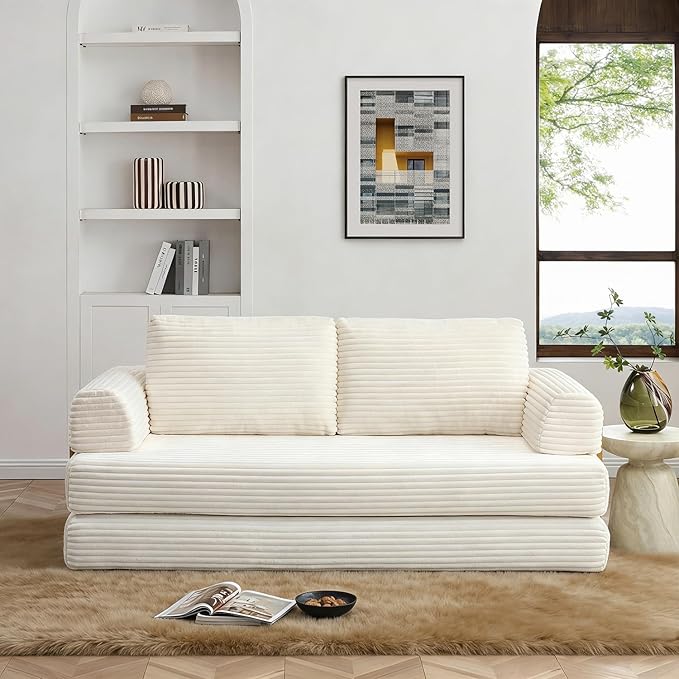 80” Convertible Sleeper Sofa Bed High Back Plush Corduroy Boneless Futon Loveseat with Pull Out Bed Fixed-Shape Folding Floor Mattress Couch No Assembly Required (Beige)