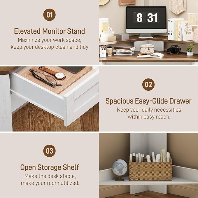 Corner Desk Triangle Computer Desk Home Office Workstation with Drawer and Monitor Stand for Small Spaces Farmhouse Corner Vanity Table for Bedroom Study Living Room (Rustic White and Brown)