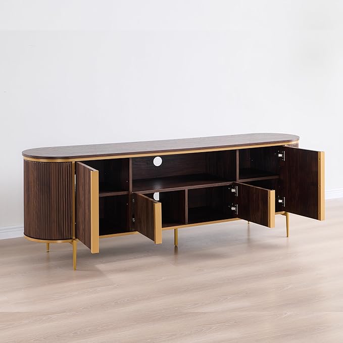 OKD Luxury 70 Fluted TV Stand Modern Chic Entertainment Center for TVs Up to 80 inches TV Console with Faux Marble Top Curved Profile Design Media Console for Living Room (Dark Walnut)